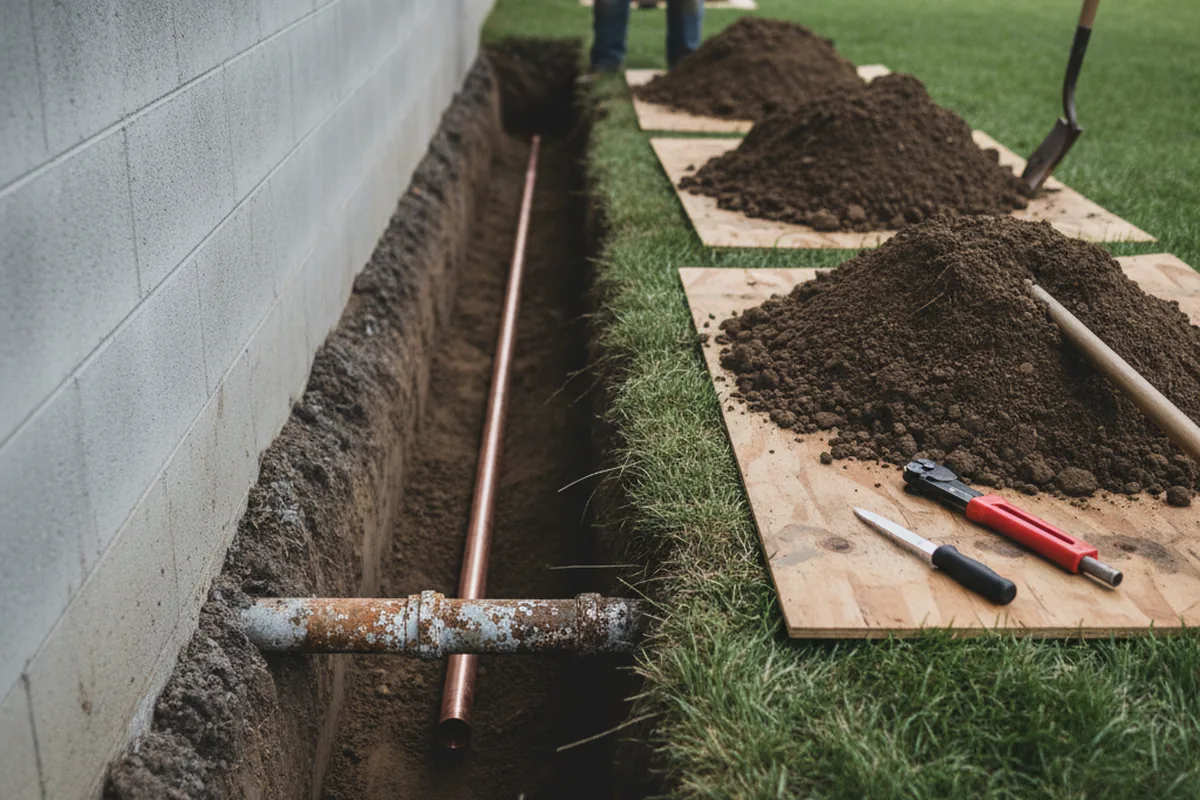 Excavated water line trench during Water Softener Installation in East Lynne